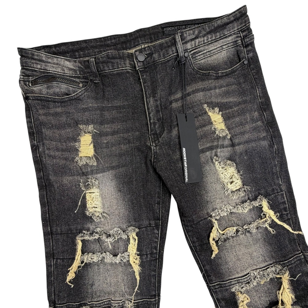 Rockstar Original Jeans Mens 36 Black Distressed Rip Repair Slim Fit Streetwear